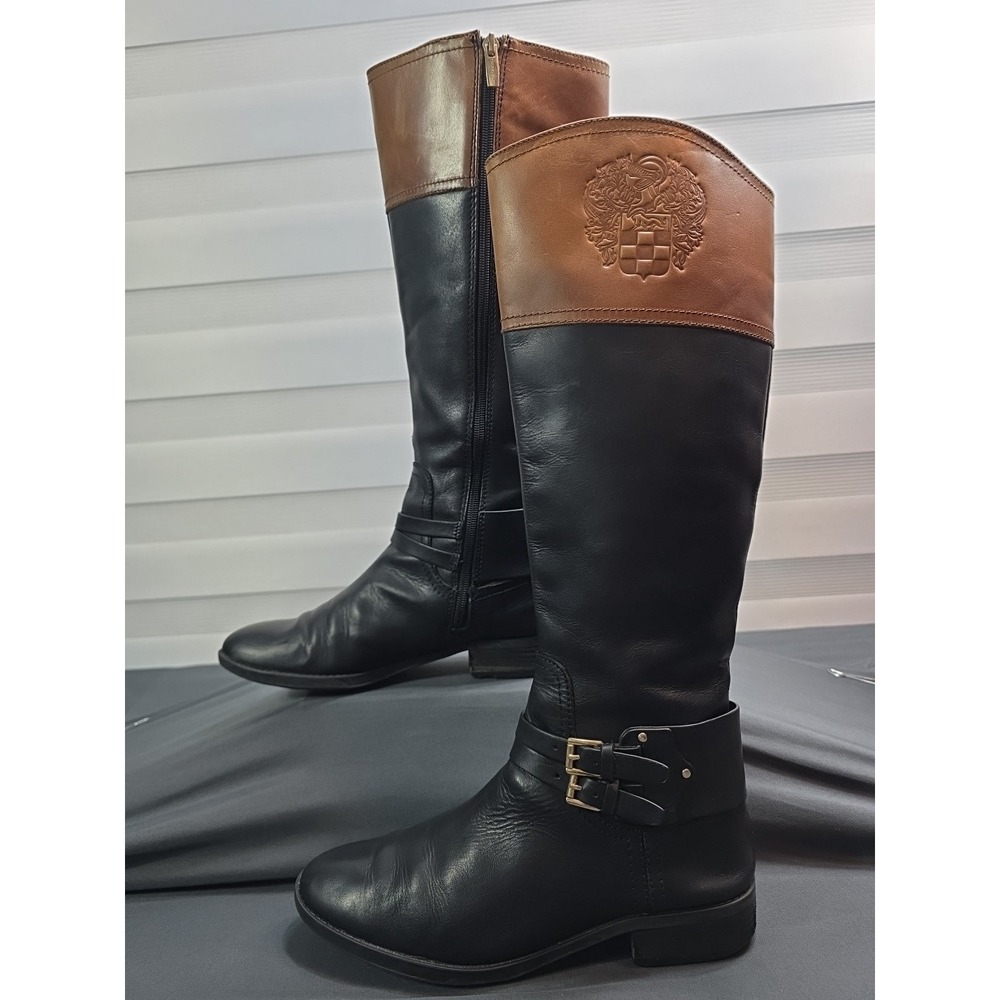 Vince Camuto Leather Knee High Boots Pryna Black/Cocoa Women's US Size 8